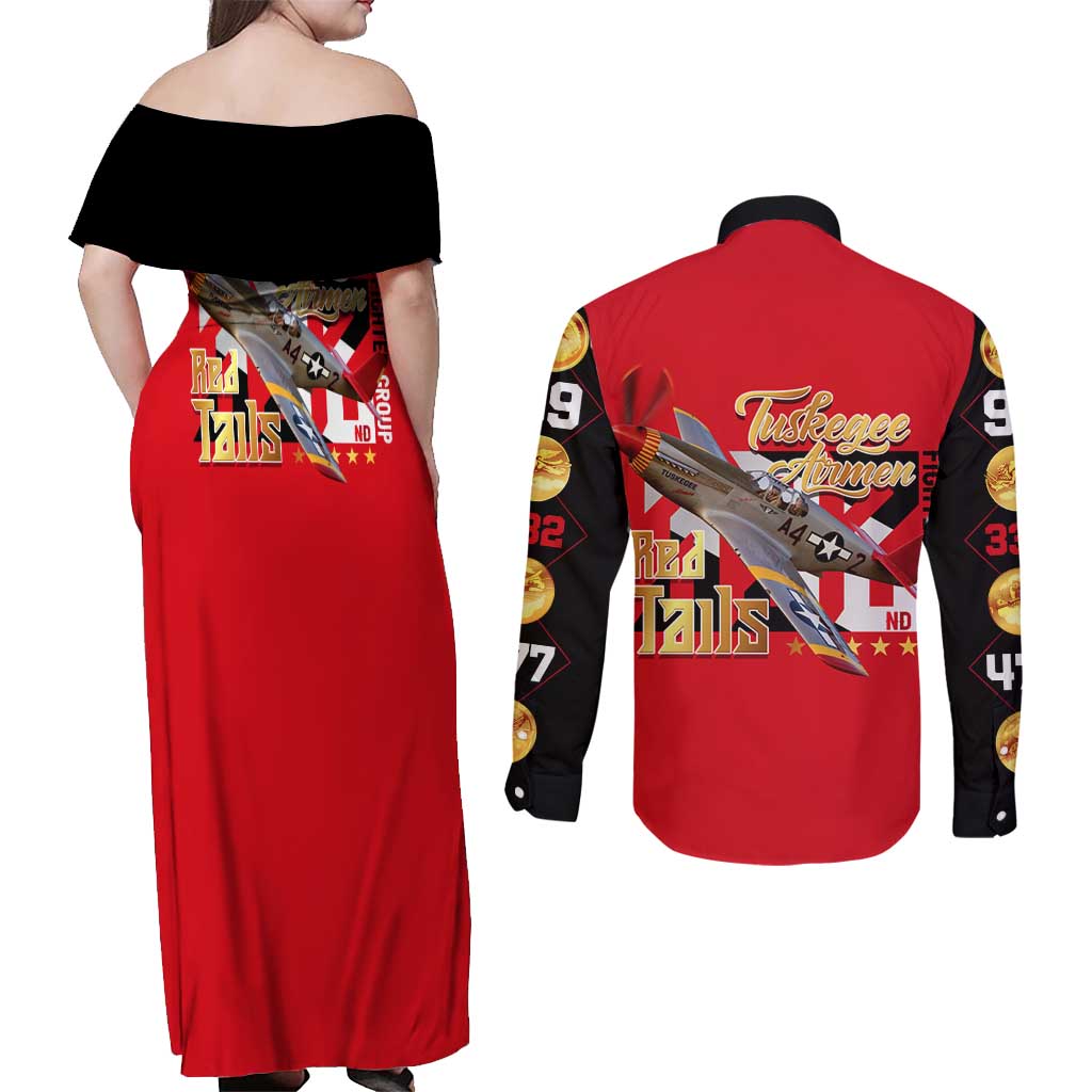 Tuskegee Red Tails Airmen Couples Matching Off Shoulder Maxi Dress and Long Sleeve Button Shirt WWII Fighter Pilot Legacy - Wonder Print Shop