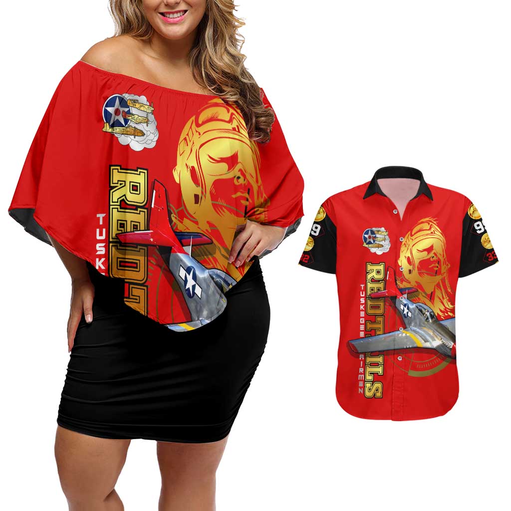 Tuskegee Red Tails Airmen Couples Matching Off Shoulder Short Dress and Hawaiian Shirt WWII Fighter Pilot Legacy - Wonder Print Shop