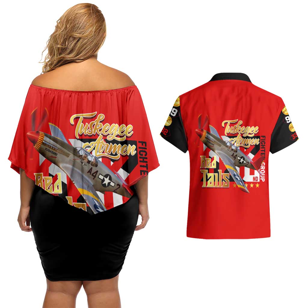 Tuskegee Red Tails Airmen Couples Matching Off Shoulder Short Dress and Hawaiian Shirt WWII Fighter Pilot Legacy - Wonder Print Shop
