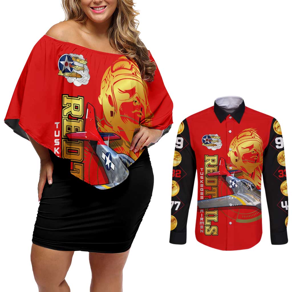 Tuskegee Red Tails Airmen Couples Matching Off Shoulder Short Dress and Long Sleeve Button Shirt WWII Fighter Pilot Legacy - Wonder Print Shop