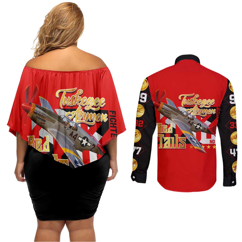 Tuskegee Red Tails Airmen Couples Matching Off Shoulder Short Dress and Long Sleeve Button Shirt WWII Fighter Pilot Legacy - Wonder Print Shop