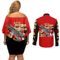Tuskegee Red Tails Airmen Couples Matching Off Shoulder Short Dress and Long Sleeve Button Shirt WWII Fighter Pilot Legacy - Wonder Print Shop
