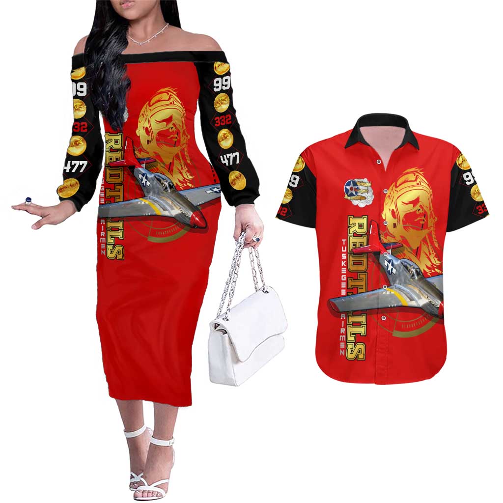 Tuskegee Red Tails Airmen Couples Matching Off The Shoulder Long Sleeve Dress and Hawaiian Shirt WWII Fighter Pilot Legacy - Wonder Print Shop