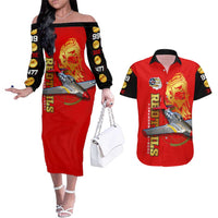 Tuskegee Red Tails Airmen Couples Matching Off The Shoulder Long Sleeve Dress and Hawaiian Shirt WWII Fighter Pilot Legacy - Wonder Print Shop