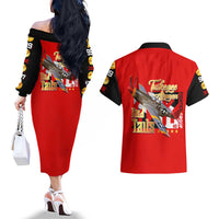 Tuskegee Red Tails Airmen Couples Matching Off The Shoulder Long Sleeve Dress and Hawaiian Shirt WWII Fighter Pilot Legacy - Wonder Print Shop