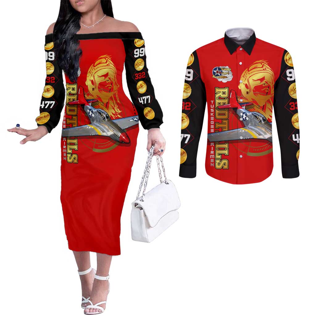 Tuskegee Red Tails Airmen Couples Matching Off The Shoulder Long Sleeve Dress and Long Sleeve Button Shirt WWII Fighter Pilot Legacy - Wonder Print Shop