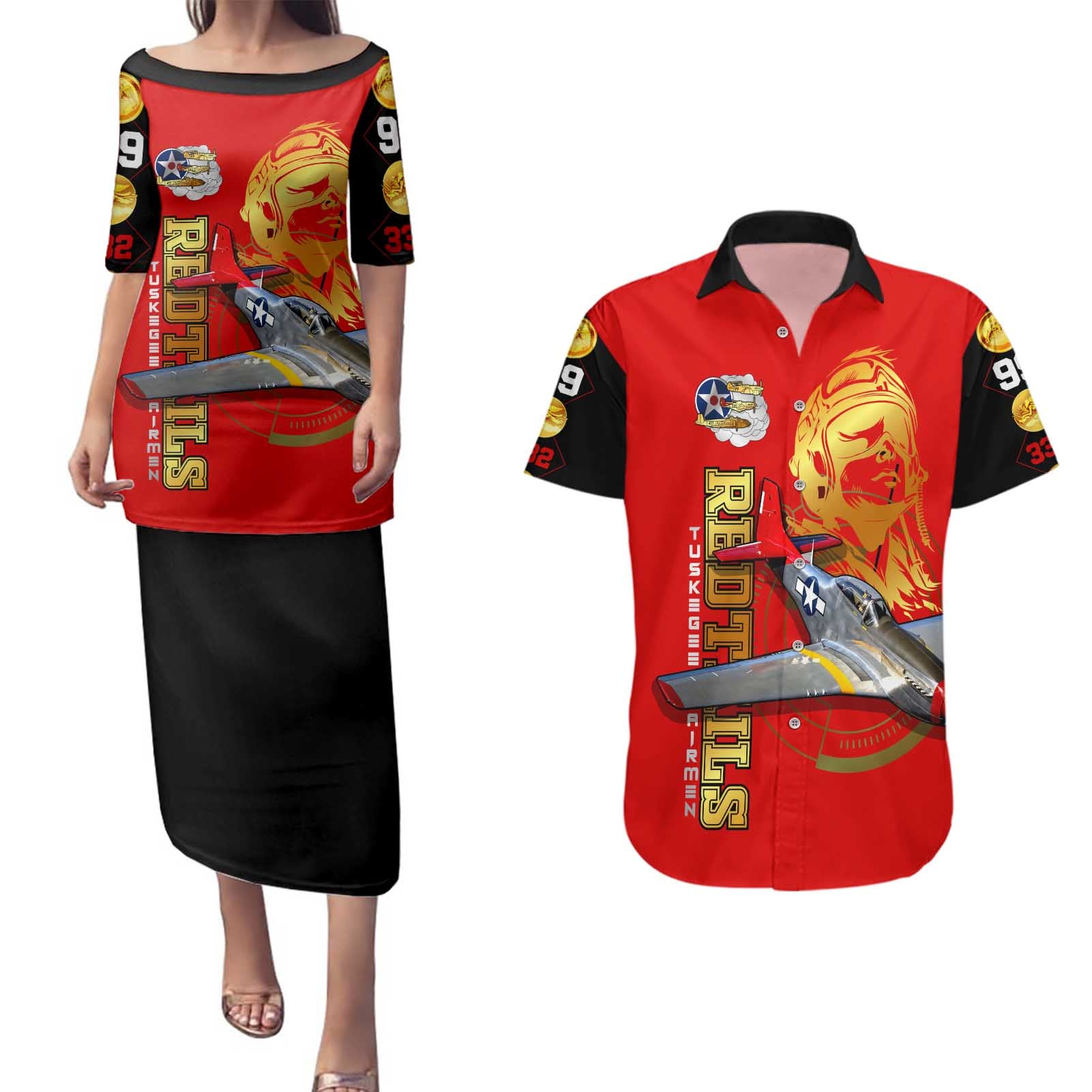 Tuskegee Red Tails Airmen Couples Matching Puletasi and Hawaiian Shirt WWII Fighter Pilot Legacy - Wonder Print Shop