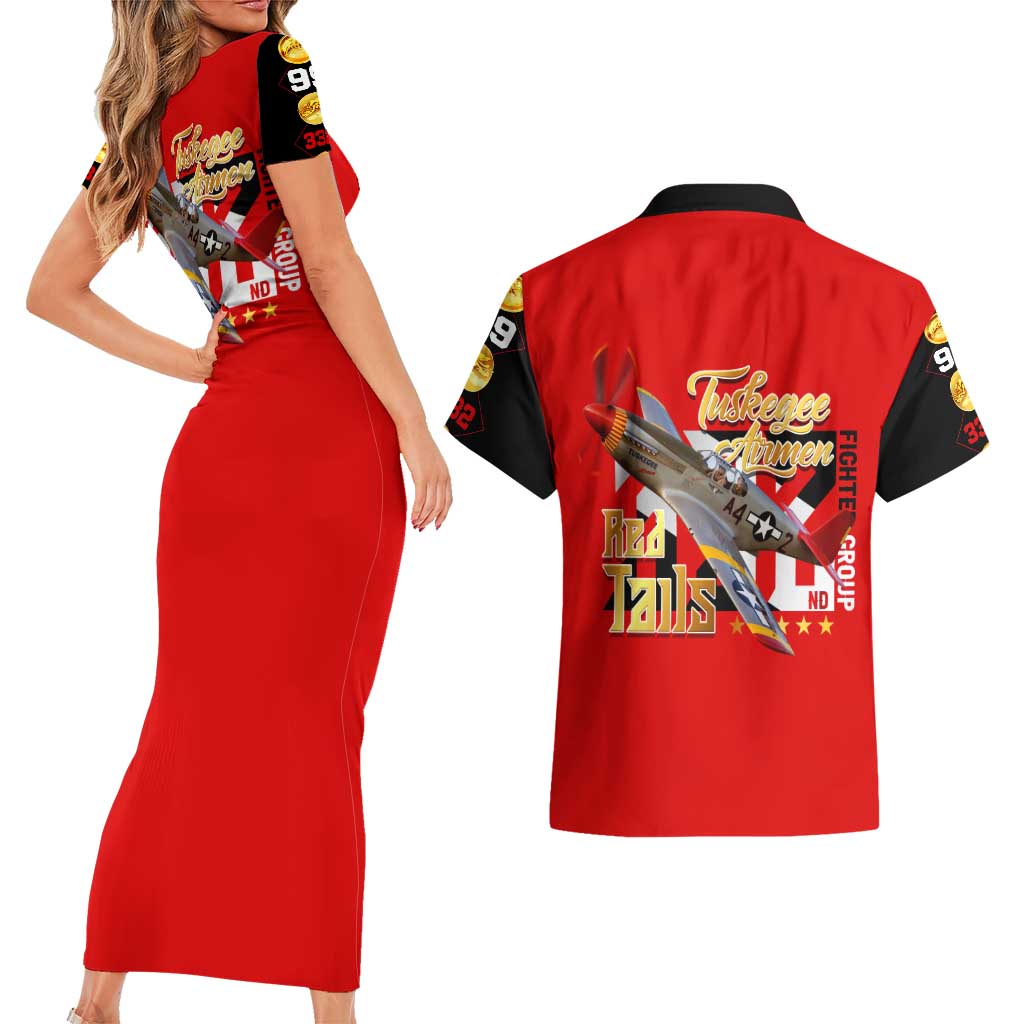 Tuskegee Red Tails Airmen Couples Matching Short Sleeve Bodycon Dress and Hawaiian Shirt WWII Fighter Pilot Legacy - Wonder Print Shop