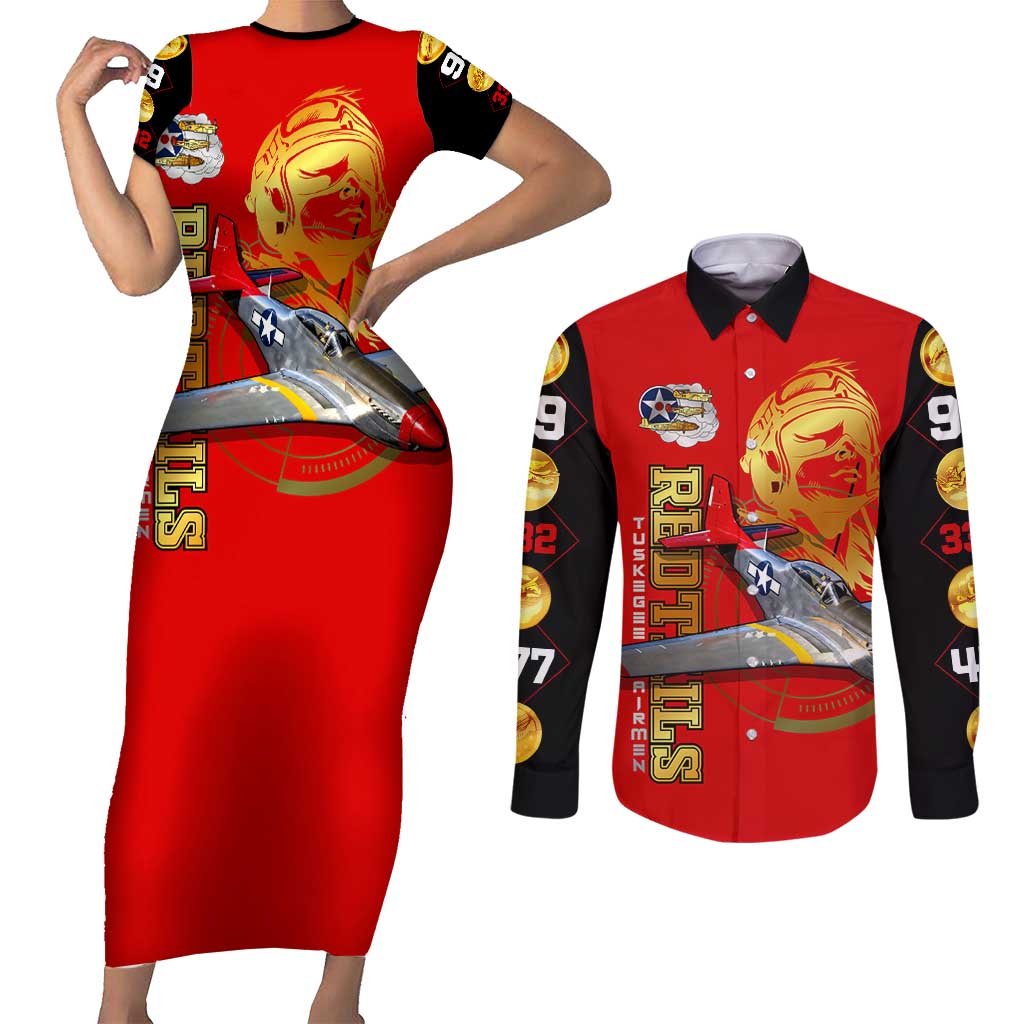 Tuskegee Red Tails Airmen Couples Matching Short Sleeve Bodycon Dress and Long Sleeve Button Shirt WWII Fighter Pilot Legacy - Wonder Print Shop