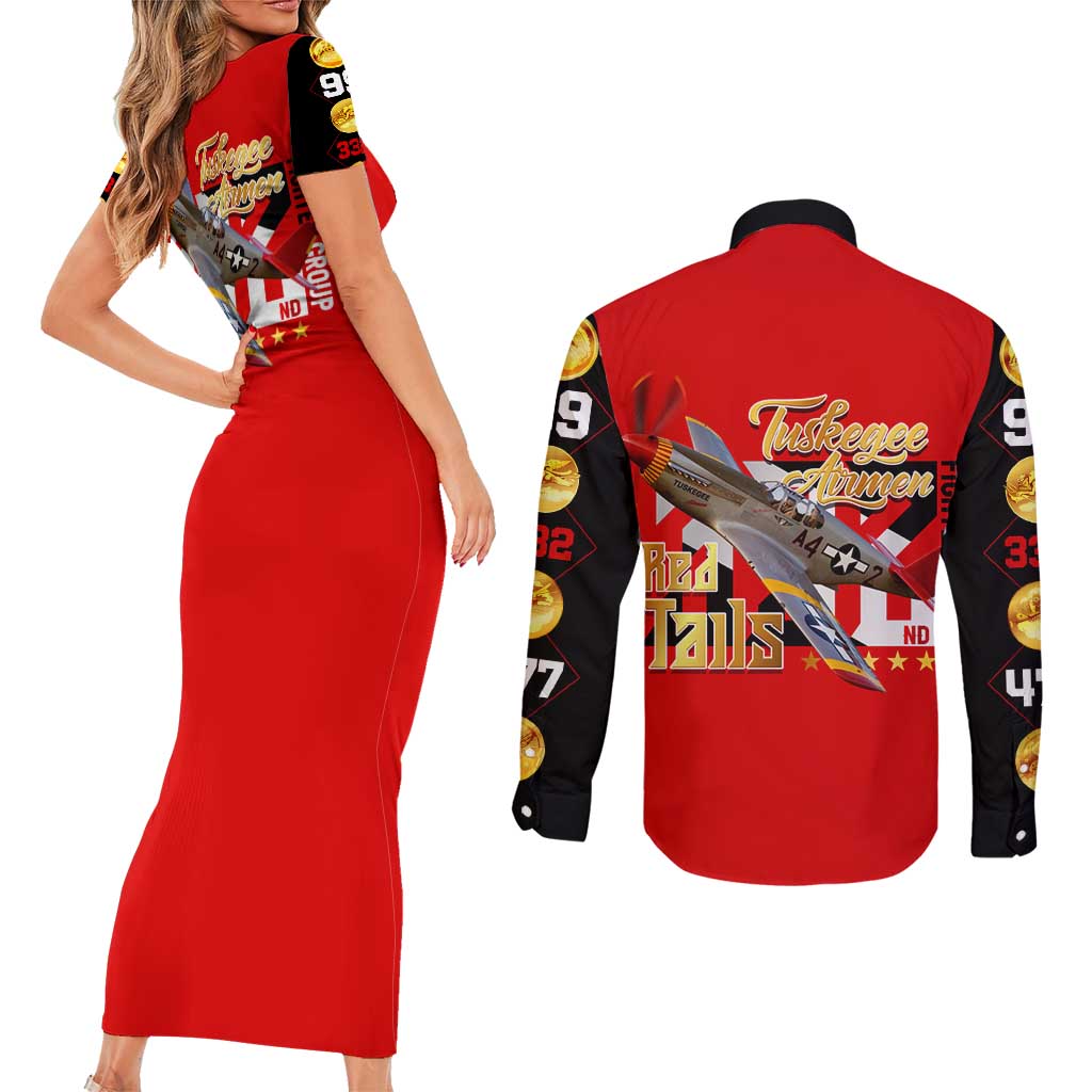 Tuskegee Red Tails Airmen Couples Matching Short Sleeve Bodycon Dress and Long Sleeve Button Shirt WWII Fighter Pilot Legacy - Wonder Print Shop