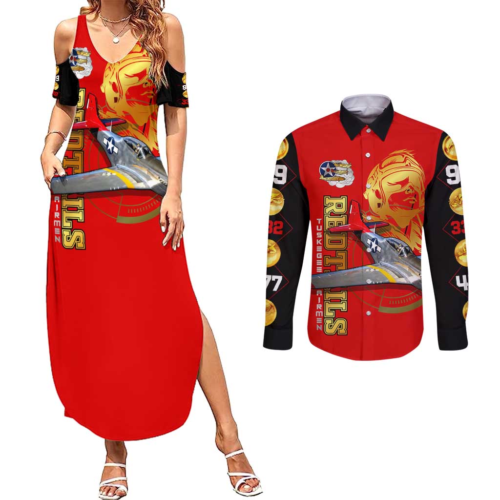 Tuskegee Red Tails Airmen Couples Matching Summer Maxi Dress and Long Sleeve Button Shirt WWII Fighter Pilot Legacy - Wonder Print Shop