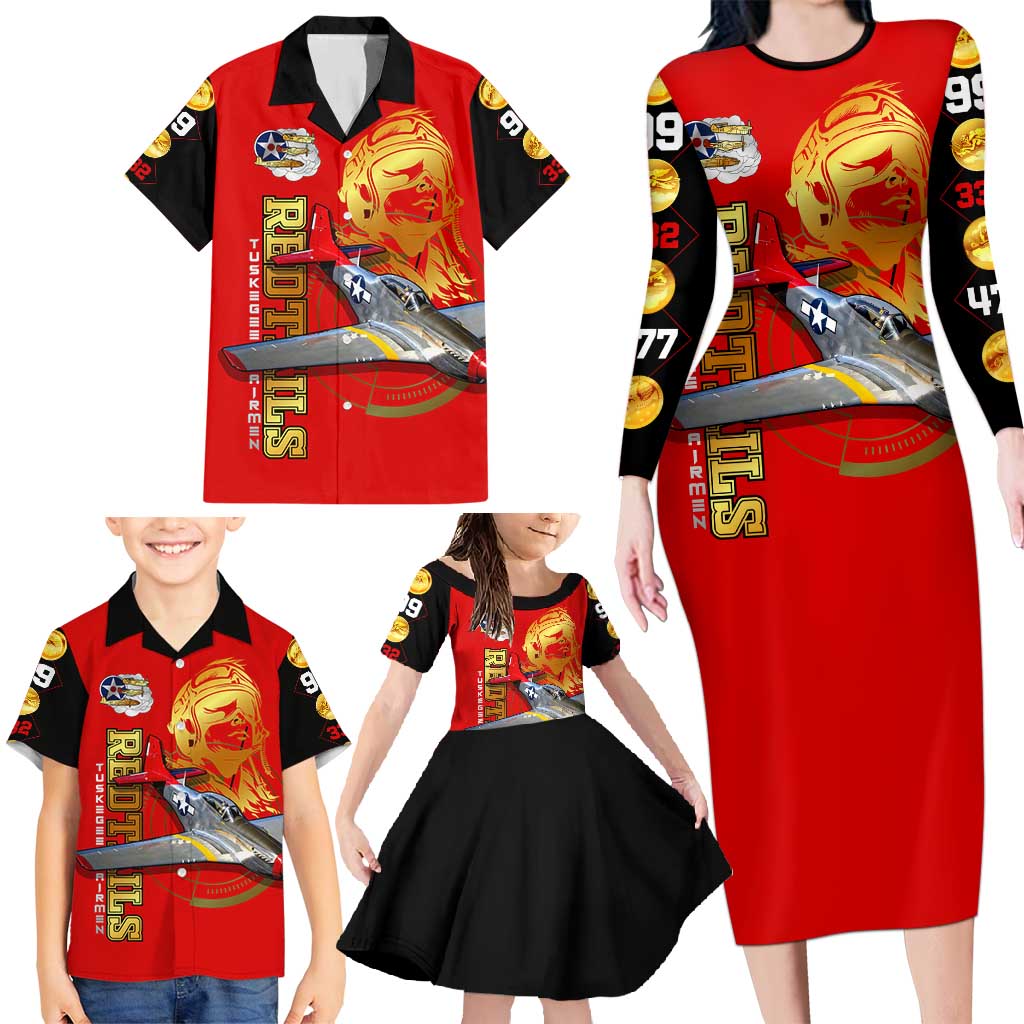 Tuskegee Red Tails Airmen Family Matching Long Sleeve Bodycon Dress and Hawaiian Shirt WWII Fighter Pilot Legacy - Wonder Print Shop