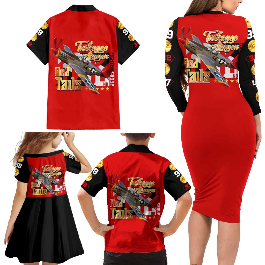 Tuskegee Red Tails Airmen Family Matching Long Sleeve Bodycon Dress and Hawaiian Shirt WWII Fighter Pilot Legacy - Wonder Print Shop
