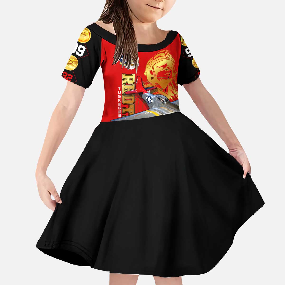 Tuskegee Red Tails Airmen Family Matching Off The Shoulder Long Sleeve Dress and Hawaiian Shirt WWII Fighter Pilot Legacy - Wonder Print Shop