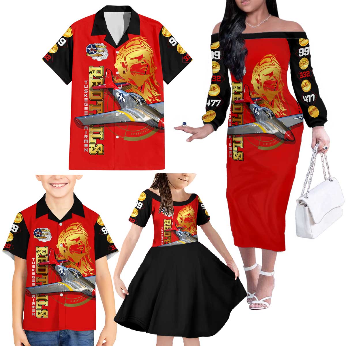 Tuskegee Red Tails Airmen Family Matching Off The Shoulder Long Sleeve Dress and Hawaiian Shirt WWII Fighter Pilot Legacy - Wonder Print Shop