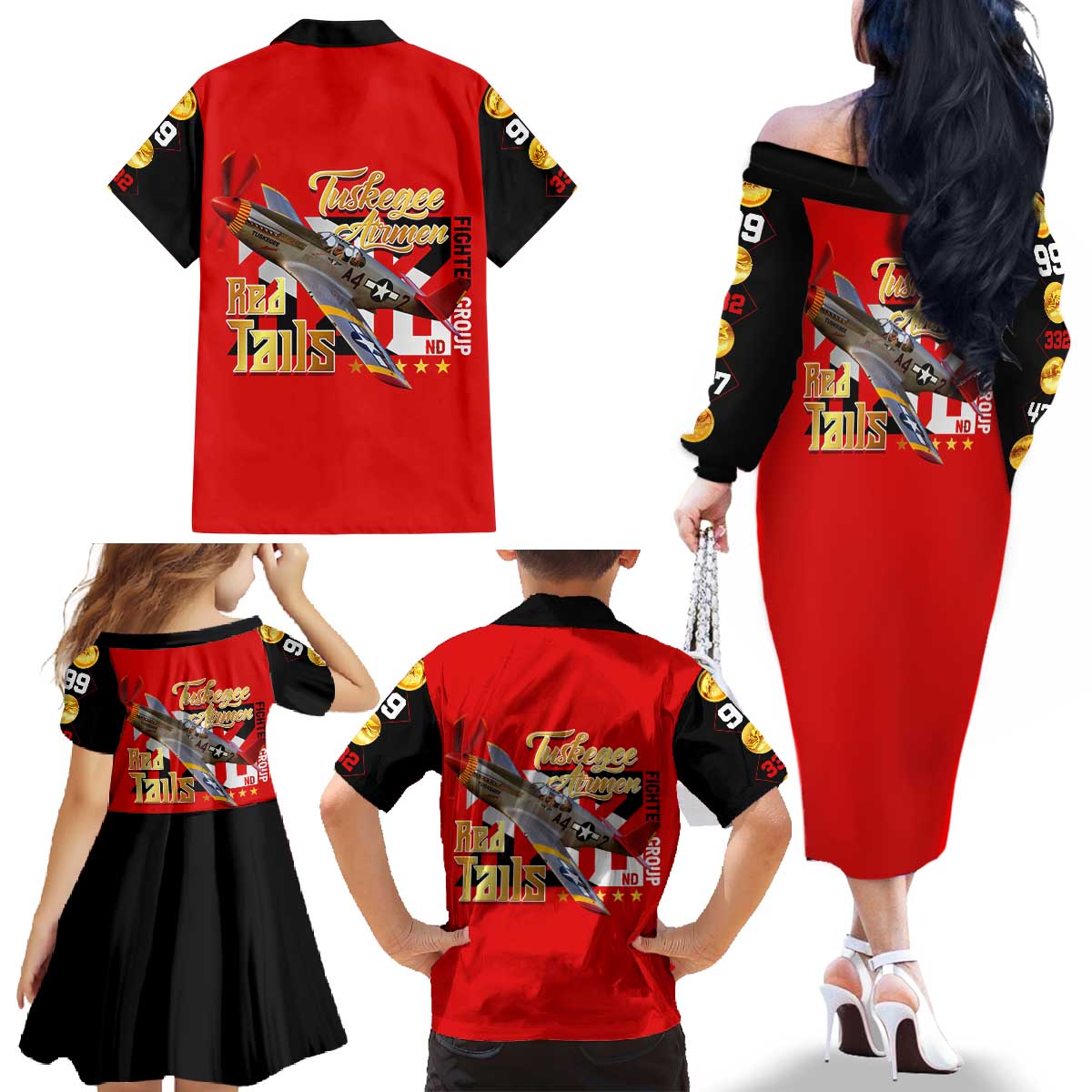 Tuskegee Red Tails Airmen Family Matching Off The Shoulder Long Sleeve Dress and Hawaiian Shirt WWII Fighter Pilot Legacy - Wonder Print Shop