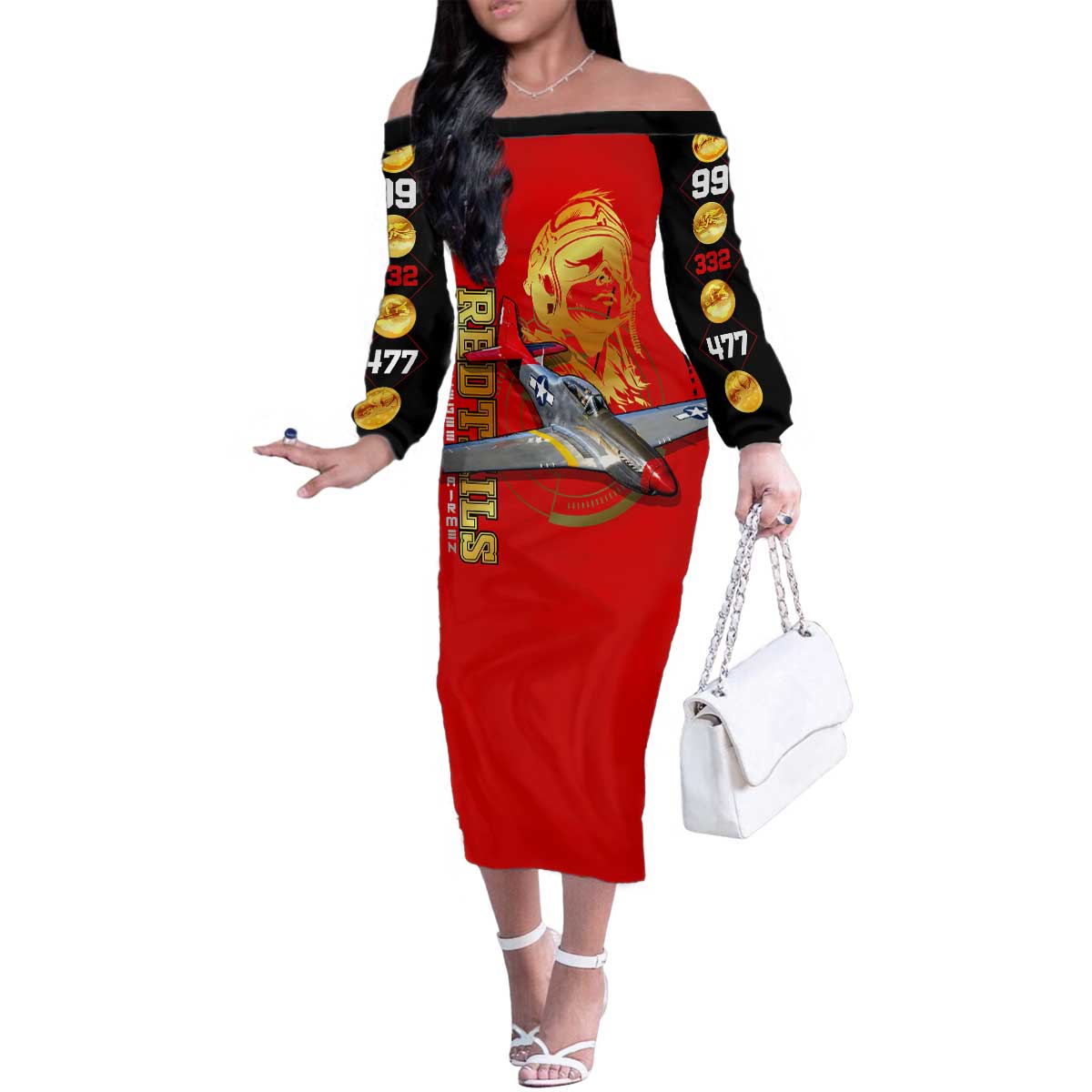 Tuskegee Red Tails Airmen Family Matching Off The Shoulder Long Sleeve Dress and Hawaiian Shirt WWII Fighter Pilot Legacy - Wonder Print Shop