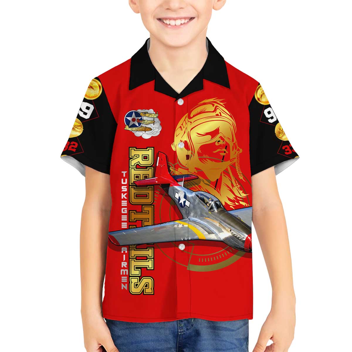 Tuskegee Red Tails Airmen Family Matching Off The Shoulder Long Sleeve Dress and Hawaiian Shirt WWII Fighter Pilot Legacy - Wonder Print Shop