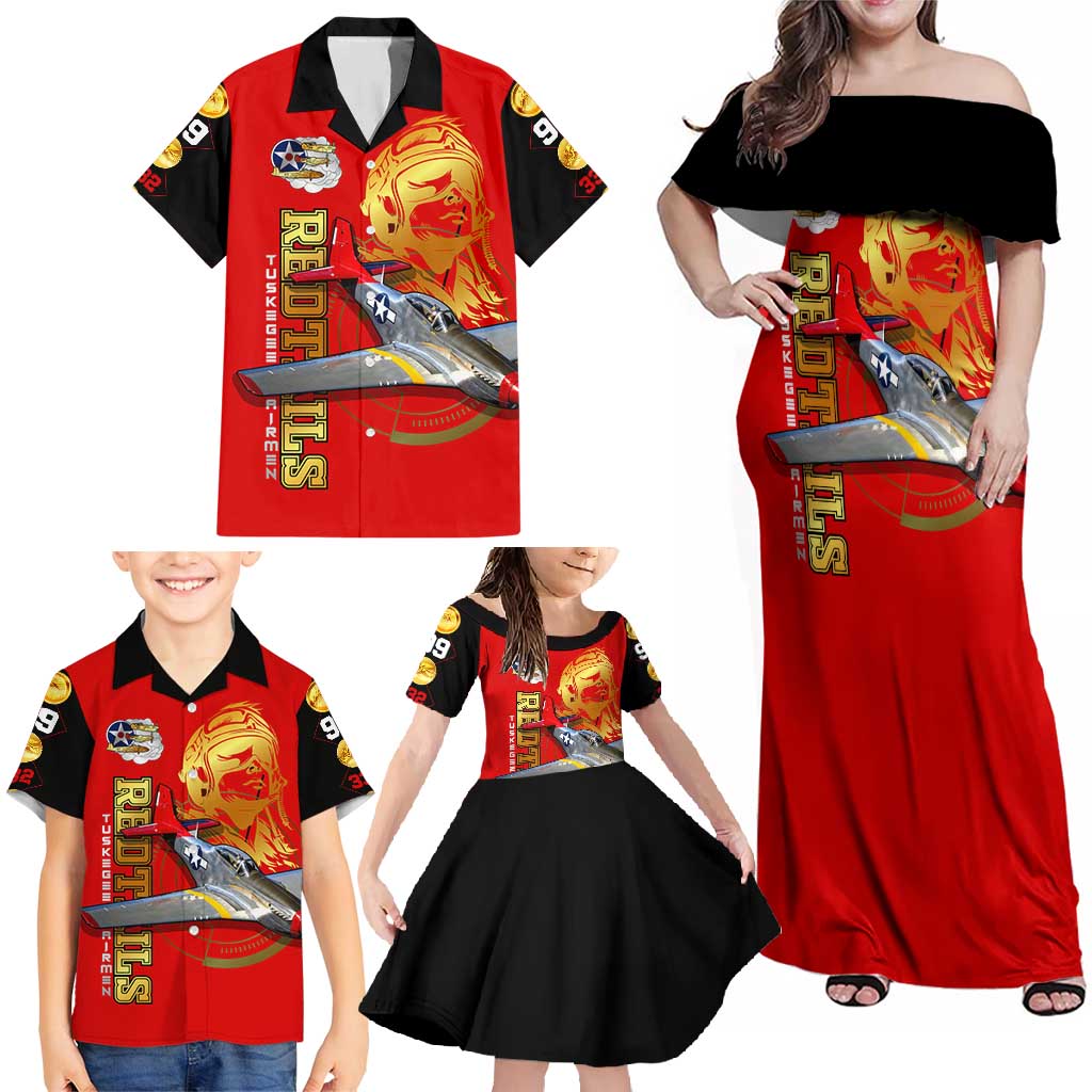 Tuskegee Red Tails Airmen Family Matching Off Shoulder Maxi Dress and Hawaiian Shirt WWII Fighter Pilot Legacy - Wonder Print Shop