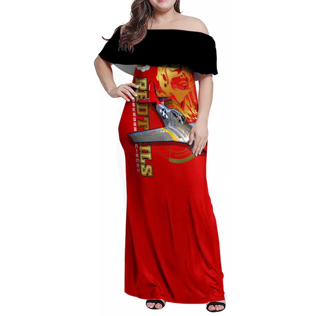 Tuskegee Red Tails Airmen Family Matching Off Shoulder Maxi Dress and Hawaiian Shirt WWII Fighter Pilot Legacy - Wonder Print Shop