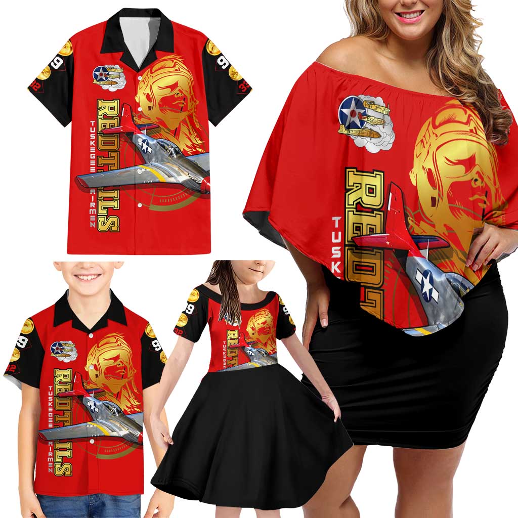 Tuskegee Red Tails Airmen Family Matching Off Shoulder Short Dress and Hawaiian Shirt WWII Fighter Pilot Legacy - Wonder Print Shop