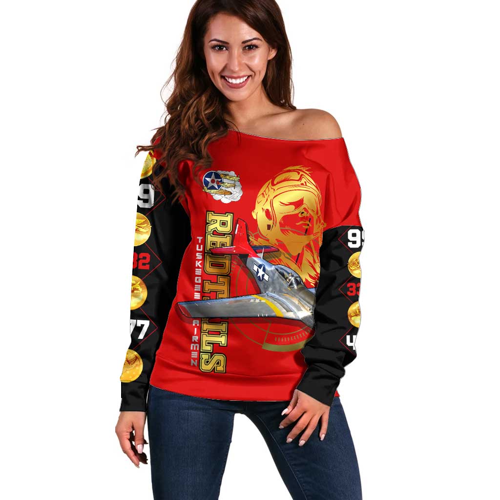 Tuskegee Red Tails Airmen Off Shoulder Sweater WWII Fighter Pilot Legacy - Wonder Print Shop