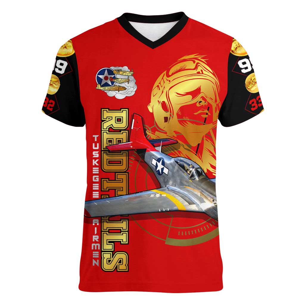 Tuskegee Red Tails Airmen Women V-Neck T-Shirt WWII Fighter Pilot Legacy - Wonder Print Shop