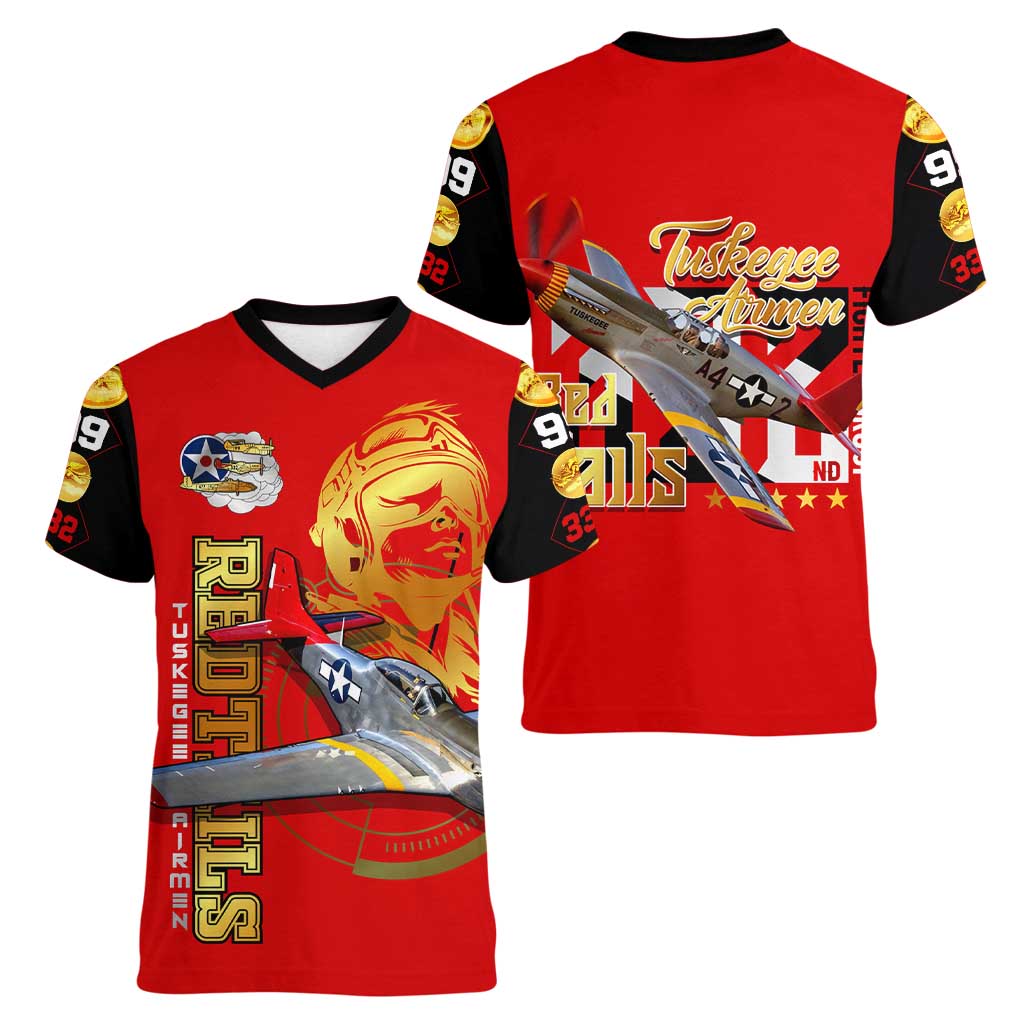 Tuskegee Red Tails Airmen Women V-Neck T-Shirt WWII Fighter Pilot Legacy - Wonder Print Shop