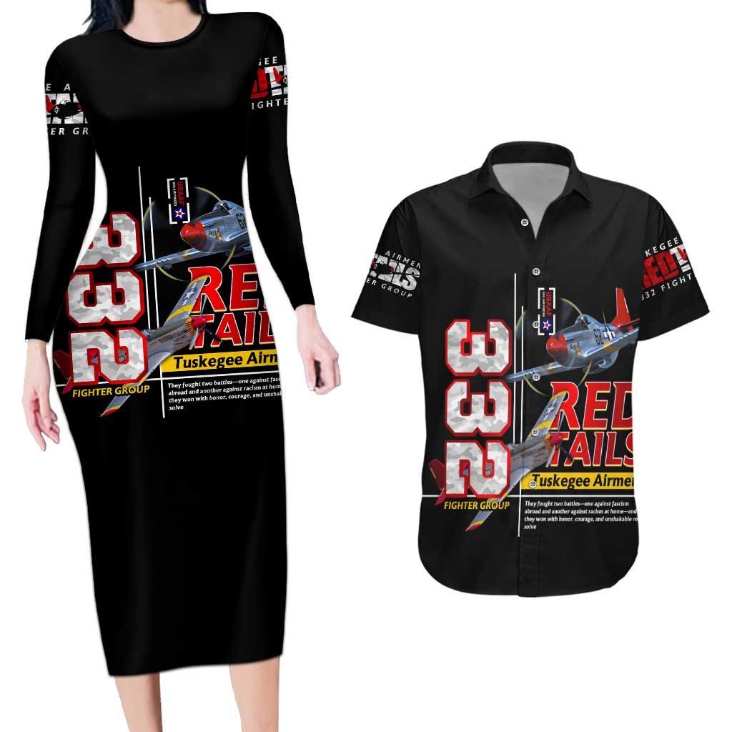 Red Tails Spitfire Tuskegee Airmen Couples Matching Long Sleeve Bodycon Dress and Hawaiian Shirt 332nd Fighter Group WWII Legacy Tribute - Wonder Print Shop