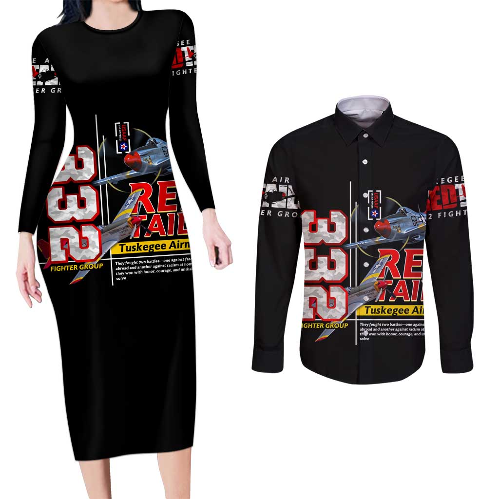 Red Tails Spitfire Tuskegee Airmen Couples Matching Long Sleeve Bodycon Dress and Long Sleeve Button Shirt 332nd Fighter Group WWII Legacy Tribute - Wonder Print Shop