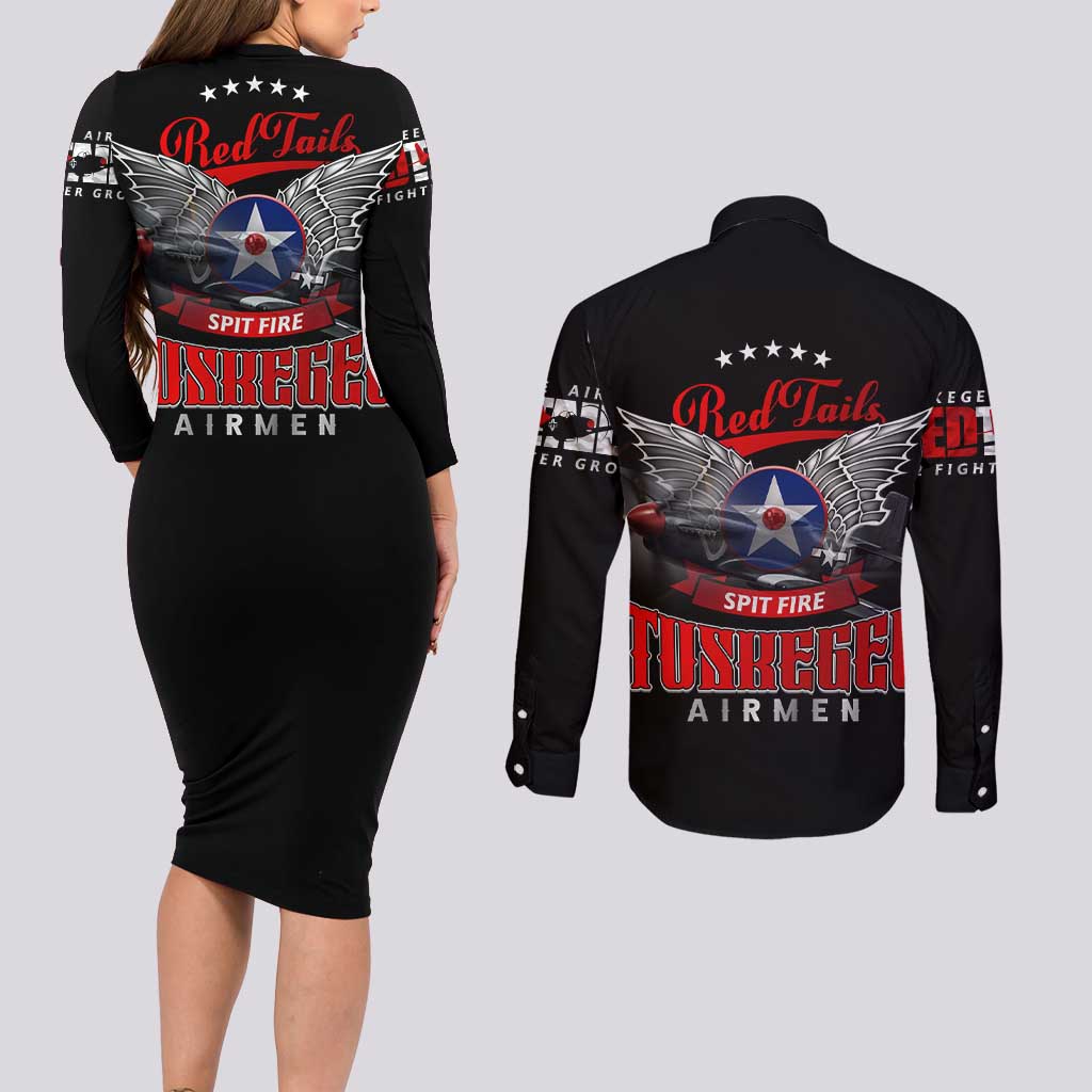 Red Tails Spitfire Tuskegee Airmen Couples Matching Long Sleeve Bodycon Dress and Long Sleeve Button Shirt 332nd Fighter Group WWII Legacy Tribute - Wonder Print Shop