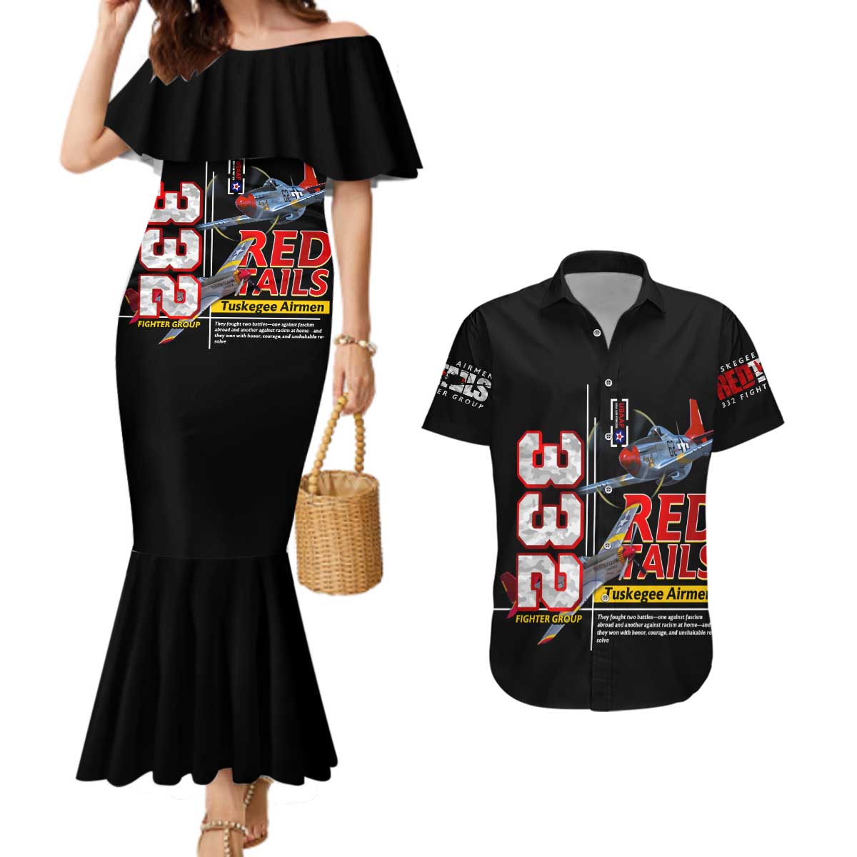 Red Tails Spitfire Tuskegee Airmen Couples Matching Mermaid Dress and Hawaiian Shirt 332nd Fighter Group WWII Legacy Tribute - Wonder Print Shop