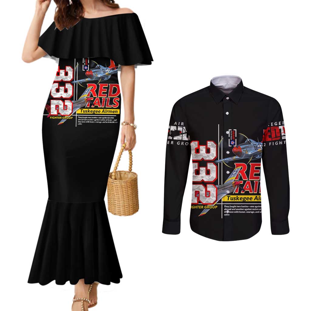 Red Tails Spitfire Tuskegee Airmen Couples Matching Mermaid Dress and Long Sleeve Button Shirt 332nd Fighter Group WWII Legacy Tribute - Wonder Print Shop