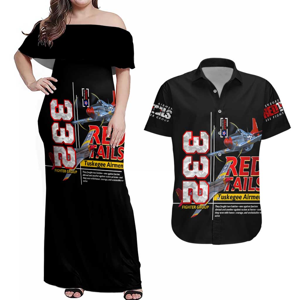 Red Tails Spitfire Tuskegee Airmen Couples Matching Off Shoulder Maxi Dress and Hawaiian Shirt 332nd Fighter Group WWII Legacy Tribute - Wonder Print Shop