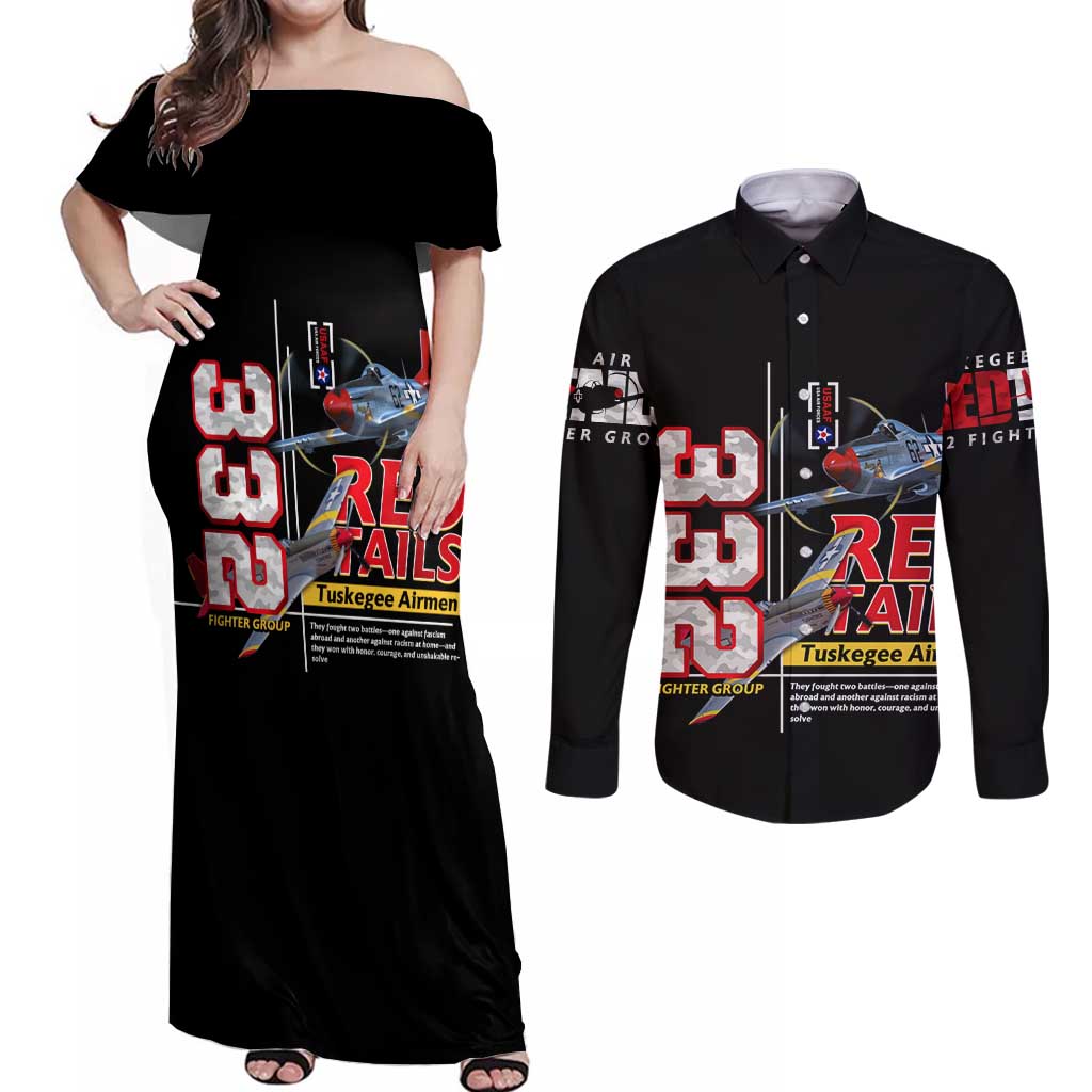 Red Tails Spitfire Tuskegee Airmen Couples Matching Off Shoulder Maxi Dress and Long Sleeve Button Shirt 332nd Fighter Group WWII Legacy Tribute - Wonder Print Shop