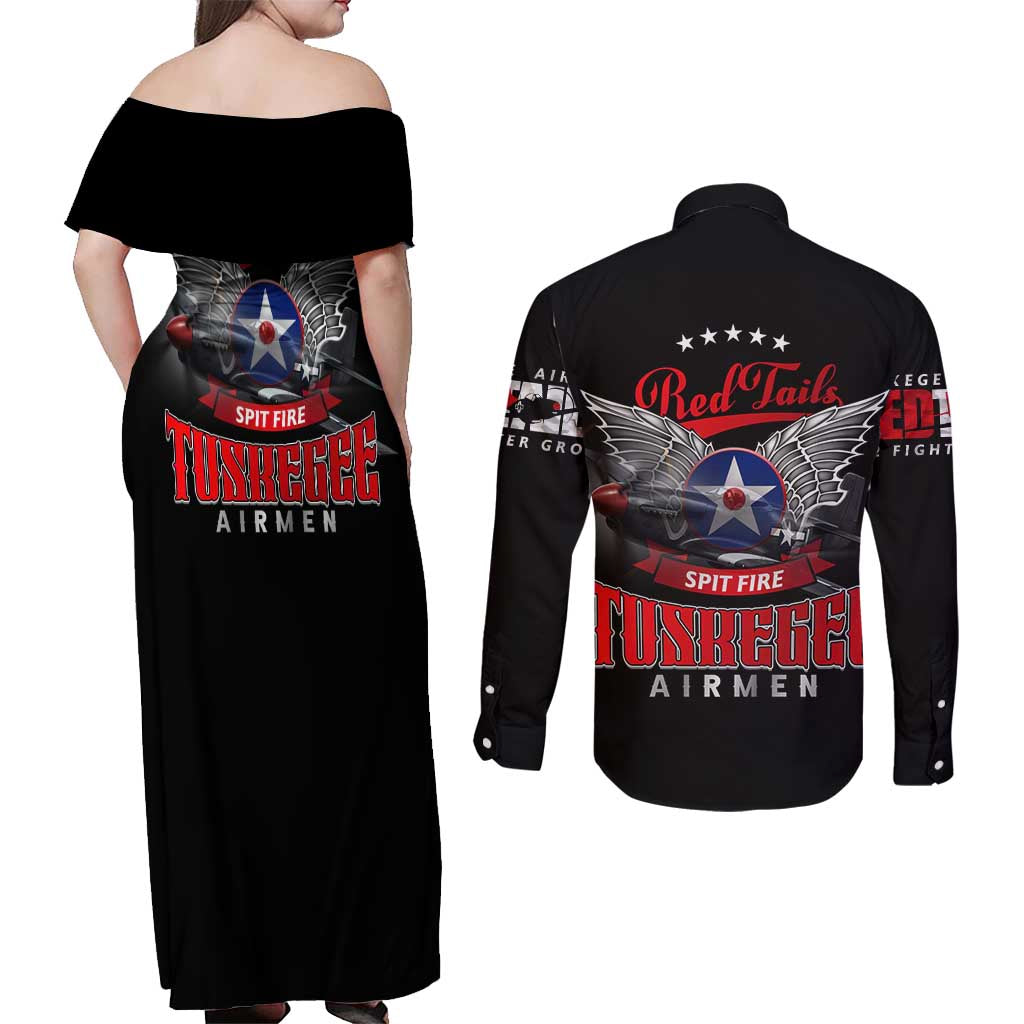 Red Tails Spitfire Tuskegee Airmen Couples Matching Off Shoulder Maxi Dress and Long Sleeve Button Shirt 332nd Fighter Group WWII Legacy Tribute - Wonder Print Shop