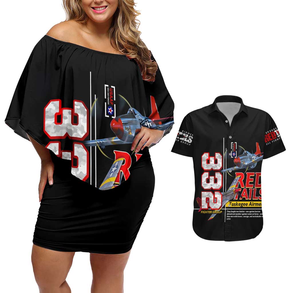 Red Tails Spitfire Tuskegee Airmen Couples Matching Off Shoulder Short Dress and Hawaiian Shirt 332nd Fighter Group WWII Legacy Tribute - Wonder Print Shop