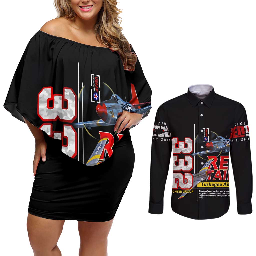 Red Tails Spitfire Tuskegee Airmen Couples Matching Off Shoulder Short Dress and Long Sleeve Button Shirt 332nd Fighter Group WWII Legacy Tribute - Wonder Print Shop