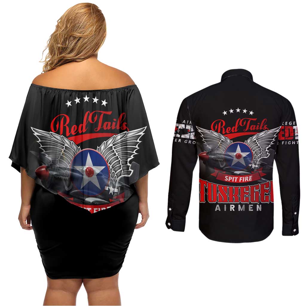 Red Tails Spitfire Tuskegee Airmen Couples Matching Off Shoulder Short Dress and Long Sleeve Button Shirt 332nd Fighter Group WWII Legacy Tribute - Wonder Print Shop