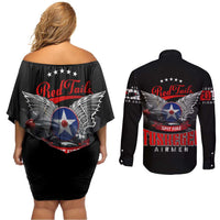 Red Tails Spitfire Tuskegee Airmen Couples Matching Off Shoulder Short Dress and Long Sleeve Button Shirt 332nd Fighter Group WWII Legacy Tribute - Wonder Print Shop