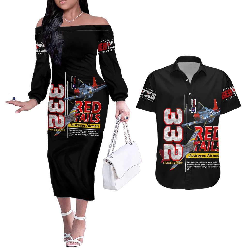 Red Tails Spitfire Tuskegee Airmen Couples Matching Off The Shoulder Long Sleeve Dress and Hawaiian Shirt 332nd Fighter Group WWII Legacy Tribute - Wonder Print Shop
