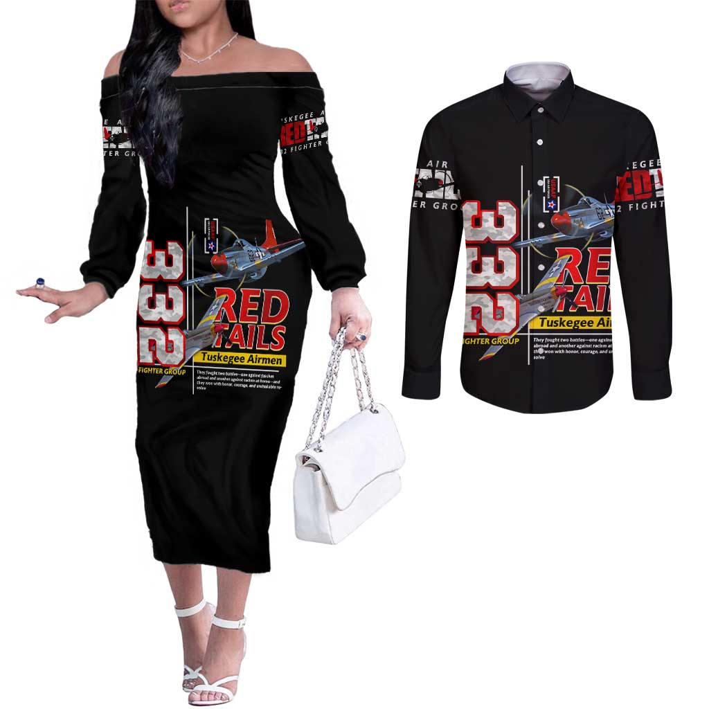 Red Tails Spitfire Tuskegee Airmen Couples Matching Off The Shoulder Long Sleeve Dress and Long Sleeve Button Shirt 332nd Fighter Group WWII Legacy Tribute - Wonder Print Shop