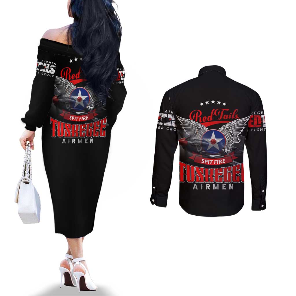 Red Tails Spitfire Tuskegee Airmen Couples Matching Off The Shoulder Long Sleeve Dress and Long Sleeve Button Shirt 332nd Fighter Group WWII Legacy Tribute - Wonder Print Shop