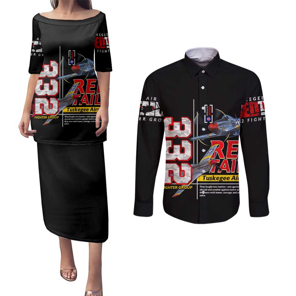 Red Tails Spitfire Tuskegee Airmen Couples Matching Puletasi and Long Sleeve Button Shirt 332nd Fighter Group WWII Legacy Tribute - Wonder Print Shop