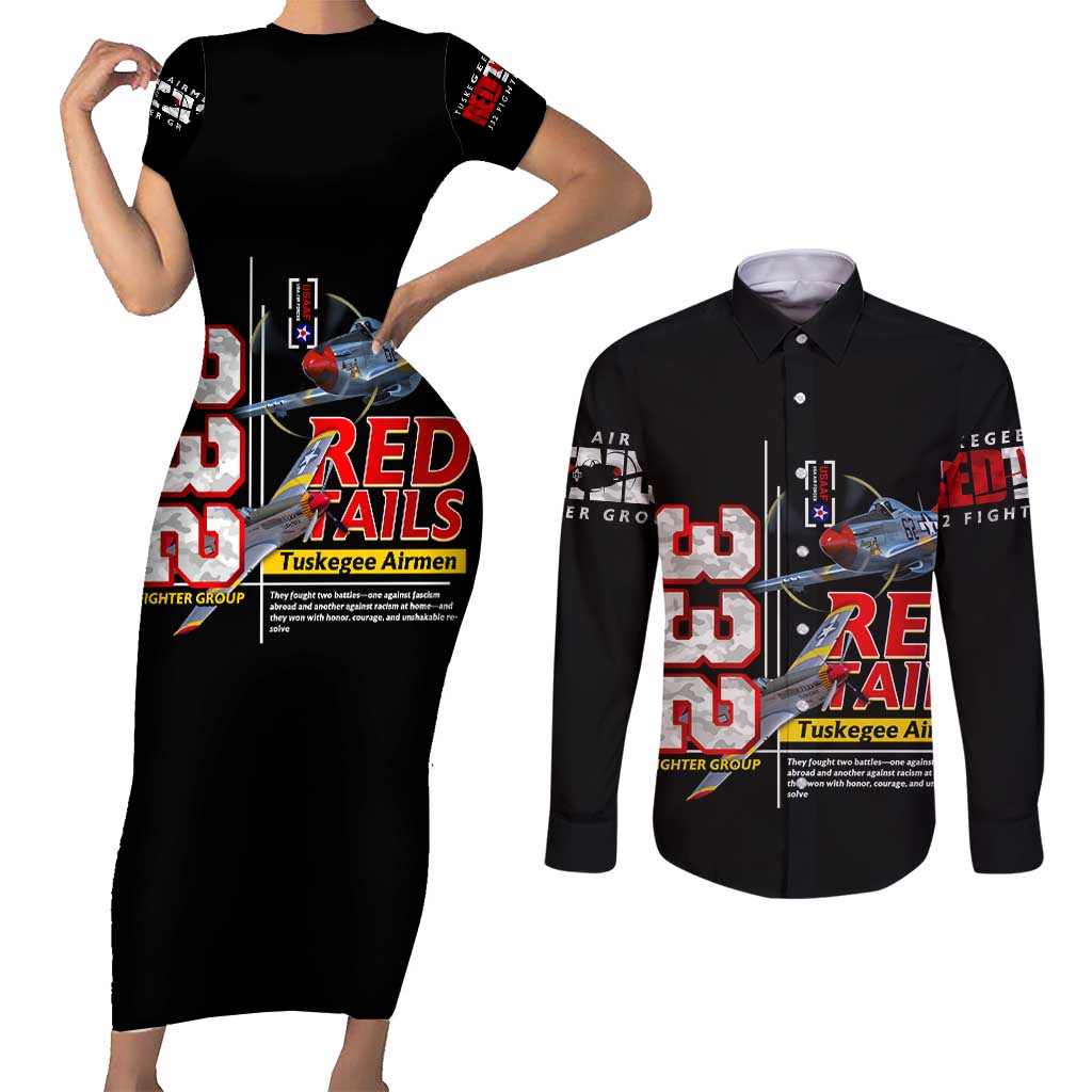 Red Tails Spitfire Tuskegee Airmen Couples Matching Short Sleeve Bodycon Dress and Long Sleeve Button Shirt 332nd Fighter Group WWII Legacy Tribute - Wonder Print Shop