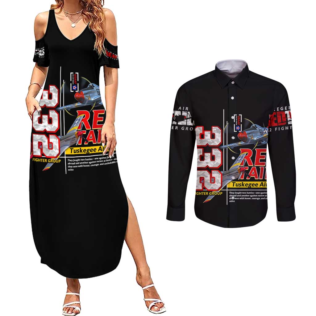 Red Tails Spitfire Tuskegee Airmen Couples Matching Summer Maxi Dress and Long Sleeve Button Shirt 332nd Fighter Group WWII Legacy Tribute - Wonder Print Shop
