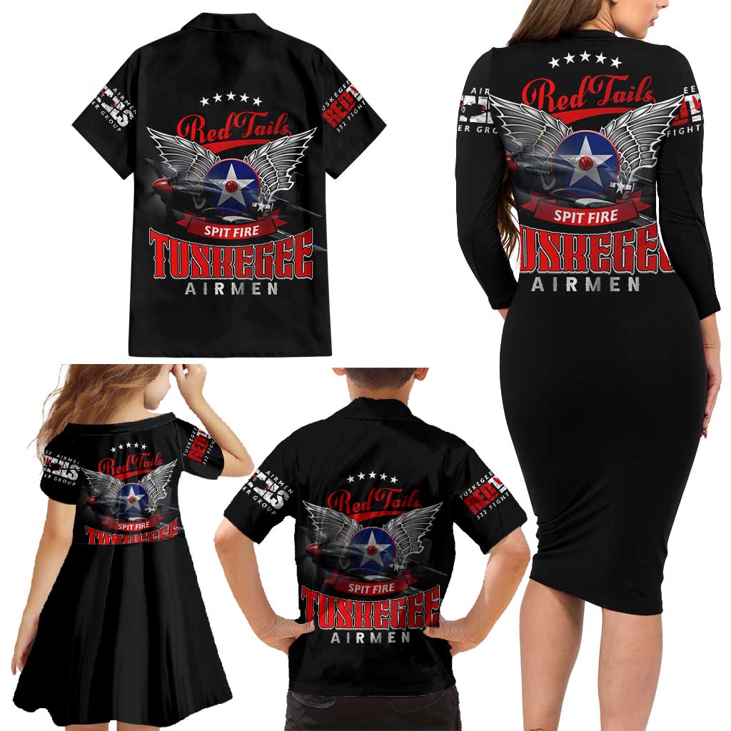 Red Tails Spitfire Tuskegee Airmen Family Matching Long Sleeve Bodycon Dress and Hawaiian Shirt 332nd Fighter Group WWII Legacy Tribute - Wonder Print Shop