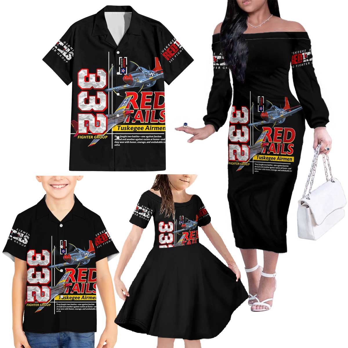 Red Tails Spitfire Tuskegee Airmen Family Matching Off The Shoulder Long Sleeve Dress and Hawaiian Shirt 332nd Fighter Group WWII Legacy Tribute - Wonder Print Shop