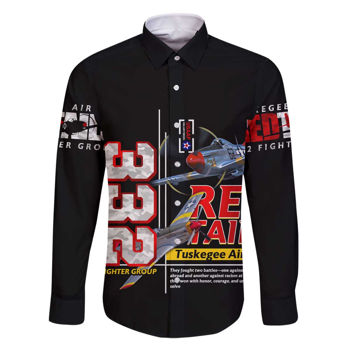 Red Tails Spitfire Tuskegee Airmen Family Matching Off The Shoulder Long Sleeve Dress and Hawaiian Shirt 332nd Fighter Group WWII Legacy Tribute - Wonder Print Shop