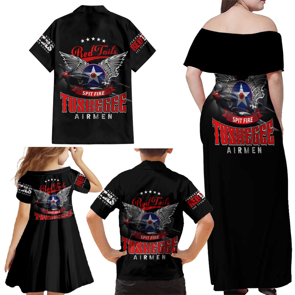 Red Tails Spitfire Tuskegee Airmen Family Matching Off Shoulder Maxi Dress and Hawaiian Shirt 332nd Fighter Group WWII Legacy Tribute - Wonder Print Shop
